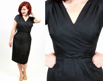 1950s Perfect Inky Black Little Black Dress - Small