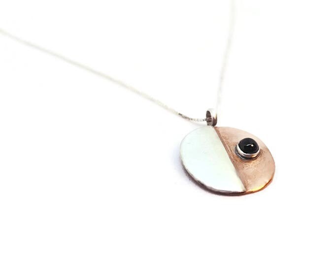 Mixed Metal Black Onyx Pendant, Sterling Silver and Copper Gemstone Necklace, One of a Kind, Unique Birthday Gift, Gift for Her