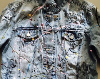 Custom Designed Distressed Splash Painted Denim Jean Jacket