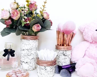Marble Mason Jar decor, painted jar, Minimalist decor, marble makeup brush holder, marble makeup storage, marble accessories, dressing table