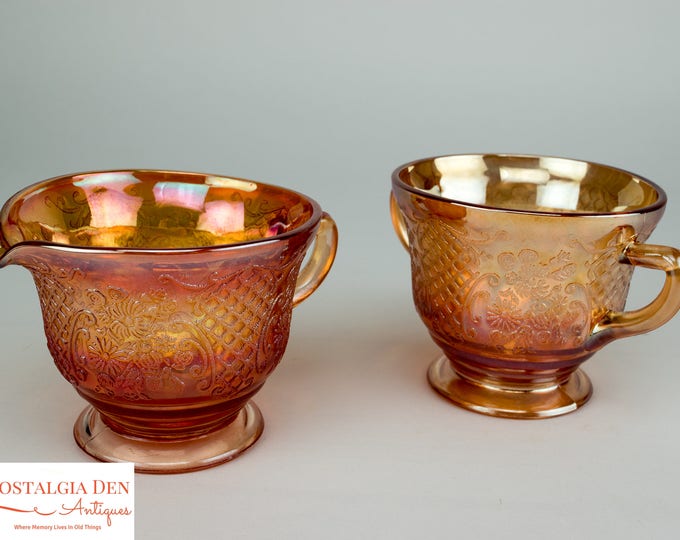 Vintage Footed Sugar and Creamer Set | Normandie Pattern | Iridescent Depression Glass