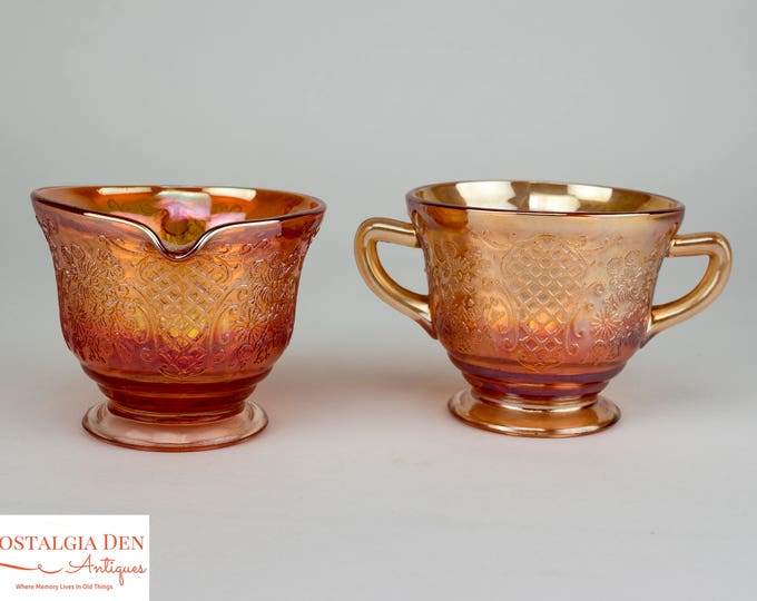 Vintage Footed Sugar and Creamer Set | Normandie Pattern | Iridescent Depression Glass