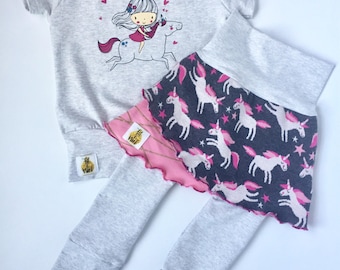 Grow with me set, ensemble évolutif, licorne, unicorn shirt, unicorn skirt, jupe évolutive, pantalon evolutif, grow with me pants