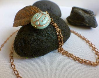Ladybug Necklace, Lady Bug Necklace, Leaf Necklace, Autumn Necklace, Aqua Ladybug, Mint Ladybug, Turquoise, Gardeners Gift, Gardening Gift,