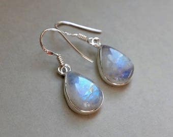 Moonstone Earrings, Teardrop Moonstone, Rainbow Moonstone, June Birthstone, Moonstone Jewelry for Bride, Pear Shaped Gemstone Earrings