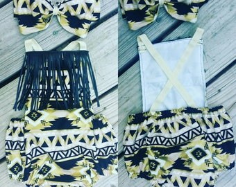 Indian print leather fringe romper