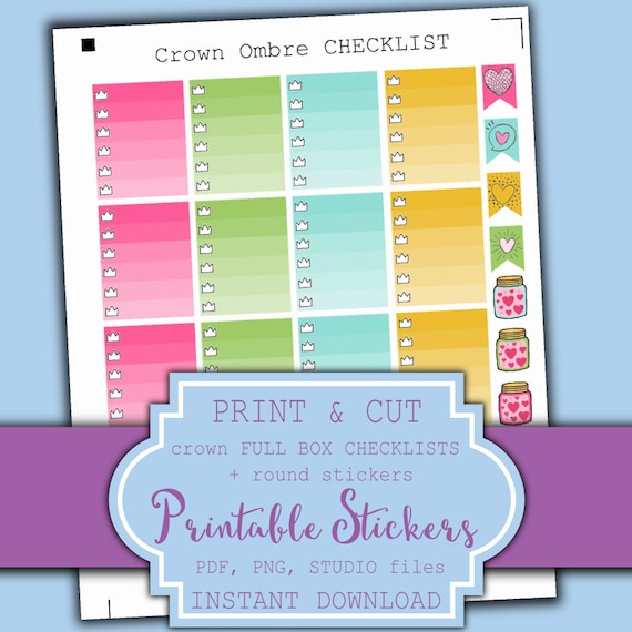 Planner Full Box Stickers Printable - Erin Condren Planner Stickers - Crown Checklist Stickers - Ombre full box stickers | Printable Planner