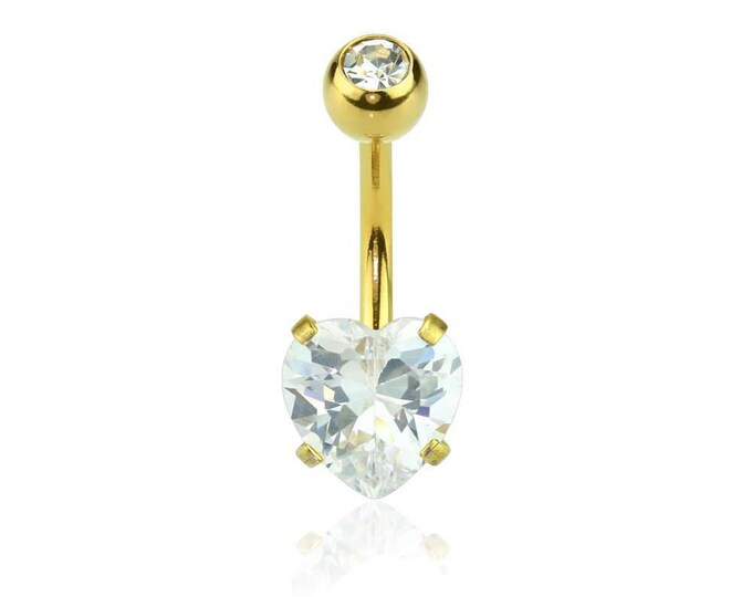 Gold Plated Prong Set Heart CZ 316L Surgical Steel Navel(Belly) Ring