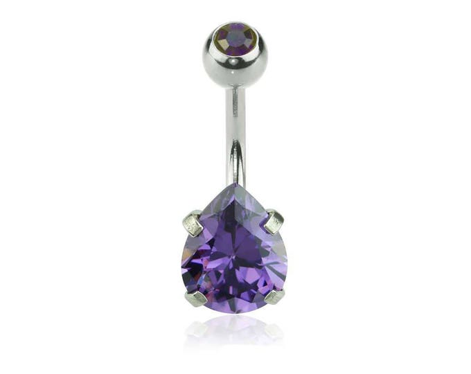 Double Gem Prong Set Tear Drop CZ 316L Surgical Steel Navel Ring