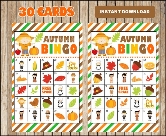 Printable 30 Fall Autumn Bingo Cards; printable Harvest Bingo game, Autumn printable bingo cards instant download