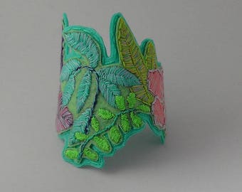 Cuff Bracelet embroidered flower and leaves