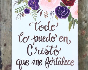 Ready to ship • Filipenses 4:13 • Acrylic Floral Painting on Canvas with Rose Gold Embossing