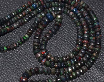 Natural Wello Black Opal Multi Fire Ethiopian Black Opal Faceted Rondelle Beads High Quality 7.5 - 4 MM Size 16 Inches Strand
