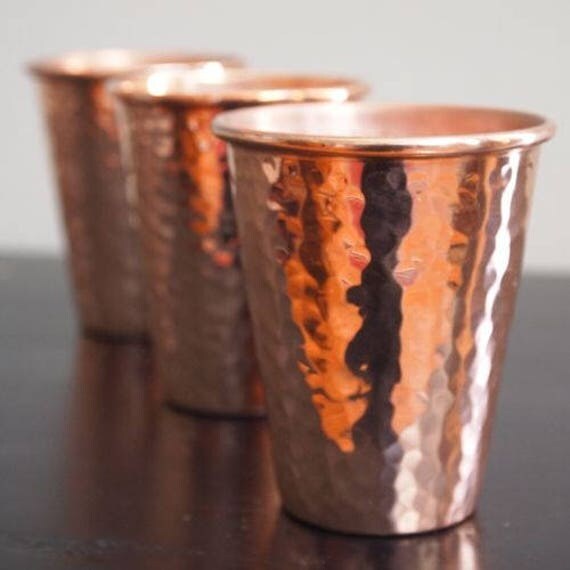 2 Copper Drinking Glasses Hammered Copper in & Out 14 Oz