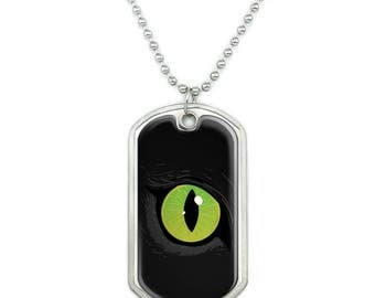 Cat Green Eye Military Dog Tag Pendant Necklace with Chain