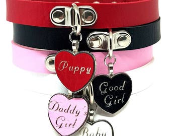 BDSM DDLG Custom Personalized Heart Bondage Day Collar or Pet Play Choker Made on Faux Vegan Leather Slave Owned Pet Brat Whore Sissy Kitten