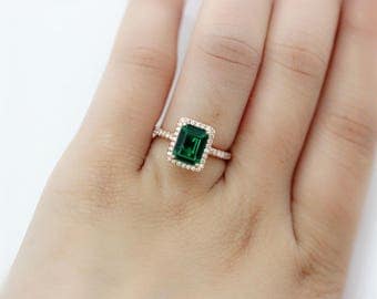 Emerald Ring 6mm*8mm Emerald Shape Ring in 14K Rose Gold,Half Eternity Diamonds /Wedding&Engagement Ring/Anniversary Ring/Promise Ring