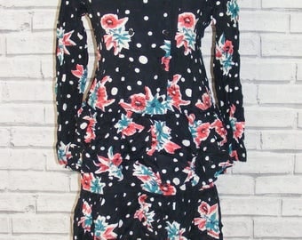 Size 10 vintage 80s long sleeve rara dress double breasted floral/spots (HR65)