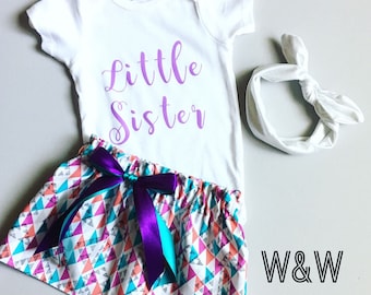 Little Sister Big Sister Outfits, Big Sis Little Sis Outfits, Purple and Teal Matching Outfits, Sisters Matching Outfits, Geometric Print