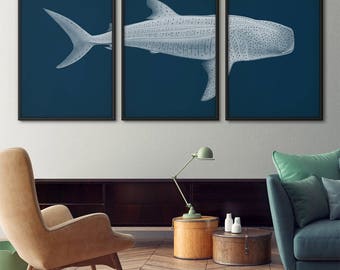 Shark art poster set of 3, Whale shark poster, Shark art print, Shark print, Nautical decor, Print set, Coastal decor, Shark poster