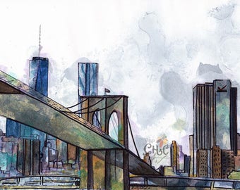 Brooklyn Bridge New York City splash art collectible Fine art Print FROM original watercolor by Jennifer Redstreake