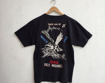 Vintage TOYO ENTERPRISE Eagle Embroidery Design Rare Sukajan Japan Souvenir Black T-Shirt Small Size #352