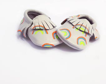 Whimsical Rainbow Baby Moccasins, rainbow baby shoes, rainbow leather moccasins, rainbow moccs, painted baby shoes, rainbows, pride