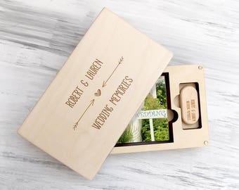 Wooden Photo Box USB Flash Drive Wedding Photo Box 32 GB Personalized Keepsake Box Wood Picture Box Anniversary Gift Wedding Gift for Couple