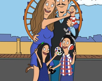 Burgers style custom portrait. Bob's Burger's cartoon.Family portrait.Cartoon portrait.Custom