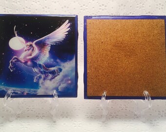 Set of 2 or 4 Unicorn Coasters/ Unicorn/ Blue