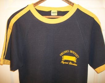 Vintage 70s Champion Blue Bar T tee Shirt Small S Vincennes University Physical Education Gym Class Phys Ed College Indiana Soft 50/50 Blend
