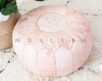 Authentic Moroccan Leather Pouf,Handcrafted Leather Pouffe ottoman ,Footstool, light pink