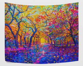Colorful Tree of Life Forest Street Night Tapestry Wall Hanging Nature Oil Painting Wall Decor Art for Living Room Bedroom Dorm