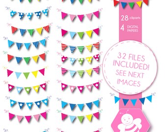 Bunting Banner Flag Clipart, Bunting clipart, Graphics, Polka Dots, Stripes, Chevron, Pennant Banner Clip Art, DP4059