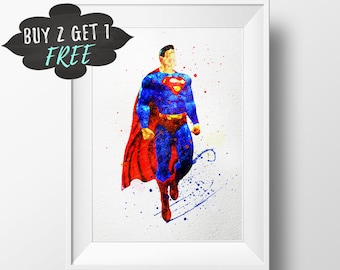 Comics Art Print Poster, Superman Wall Art Nursery Decor Printable Watercolor Instant Download, Superman Comics Birthday Party Favors Decor