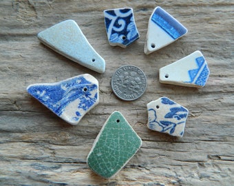 7 Drilled sea pottery shard pieces for jewellery crafts