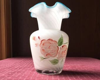 Vintage Fenton White Swirl Vase with Hand Painted Flowers and Ruffled Rim