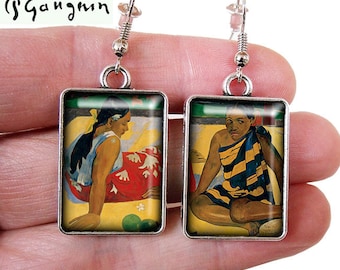 Boucles d'oreilles tableau Paul Gauguin * Femmes de Tahiti * cabochon bronze-n-roses