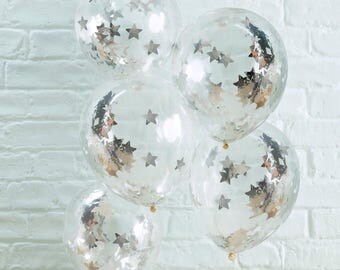Silver Star Confetti Balloons, Holiday Season Balloons, Clear Confetti Balloons, Baby Shower, Christmas, Party, Wedding Balloons, 5 Pack