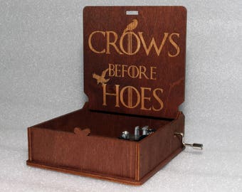 Crows Before Hoes - Engraved Wooden Music Box - "Game Of Thrones" - Night's Watch - Hand Crank Movement