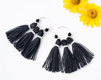 Christmas Gift|for|Her Boho earrings Tassel Earrings Dangle Earrings Statement Earrings Boho Jewelry Silver Earrings Black Earrings Tassels