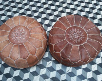 Set of 2 moroccan leather pouf, tan pouf, leather pouf, ottoman, poufs, pouf leather, ottoman leather, Genuine moroccan poufs, footstool