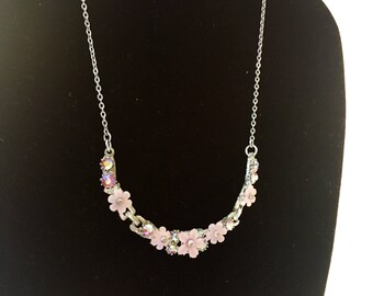 Pink crystal and lucite flower silver chain necklace