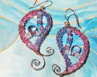 Reserved Mystic pink topaz, tanzanite and moonstone paisley hammered earrings in rose gold