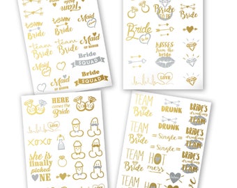 Bachelorette Party Tattoos - Gold Metallic Flash Temporary Tattoos, Set of 66. Bachelorette Party Favors