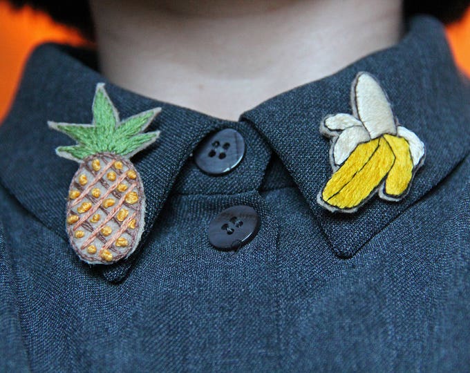 Vegan brooch Vegan gift pin Pineapple brooch Embroidered pin Banana brooch Collar pin Pineapple party Banana party Jewelry Summer outdoors