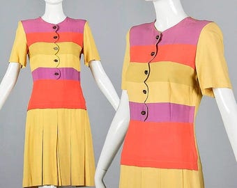 SALE XS 30s Day Dress Rayon Dress Vintage 1930s Stripe Dress Dropped Waist Pleated Skirt Yellow Pink Purple Stripe