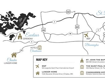 Custom illustrated wedding map, event map, location card to for wedding invites