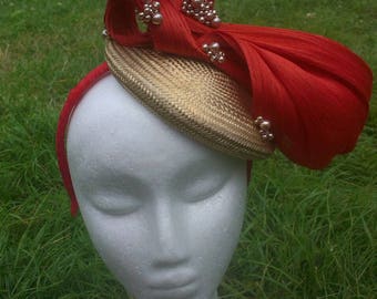 fascinator red/coral gold base silk hat