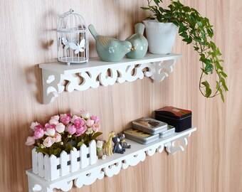 Pair of Ornate Patterned White Wall Shelves